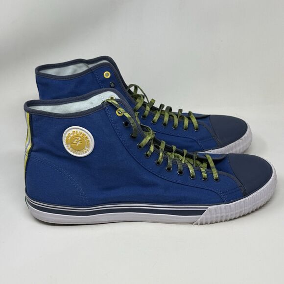PF Flyers Center Hi Reiss Sneakers Mens 17 Blue Yellow Canvas Retro Shoes - Picture 1 of 14